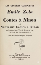 Page de titre de Contes à Ninon - Nouveaux Contes à Ninon dans l'édition Bernouard des Œuvres complètes d'Émile Zola, avec la rose stylisée caractéristique des éditions de François Bernouard